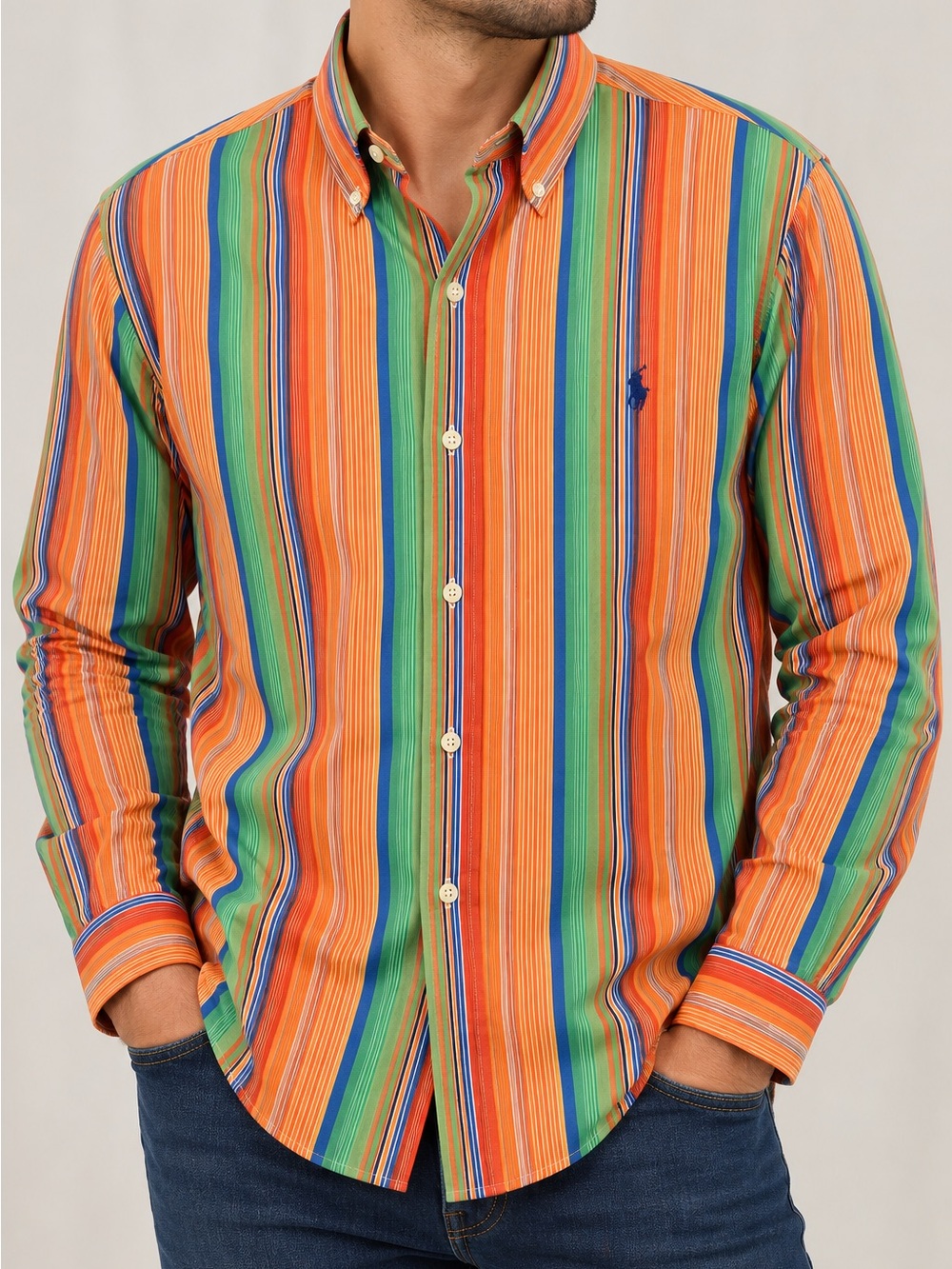 Ralph Lauren Golf Orange, Green & Blue Multi-Stripe Button-Down Shirt Large
